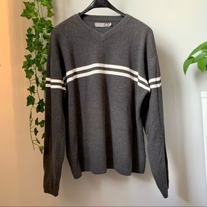 BasicRed Vintage Grey V-Neck Sweater with White Stripes